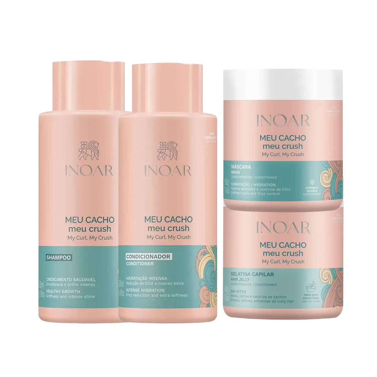 Kit Inoar Meu Cacho Meu Crush Shampoo 500ml + Condicionador 500ml + Gelatina 500g + Máscara de Hidratação 500g