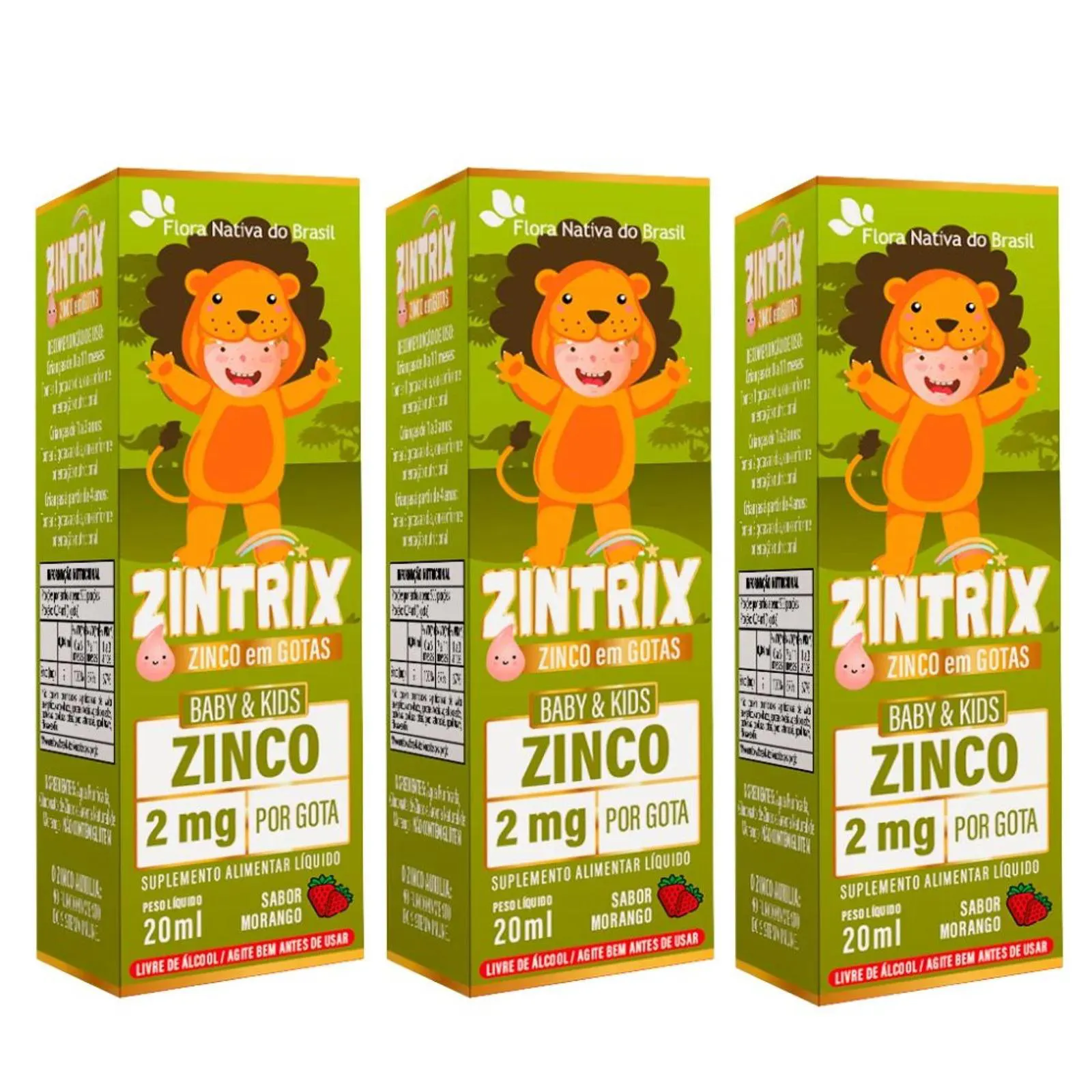 Kit 3x Zintrix (zinco Infantil) 20ml – Flora Nativa Sabor Morango