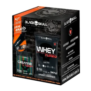 Kit Black Skull Caveira Whey Turbo Chocolate 907g + Creatine Turbo Sem Sabor 150g + Whey Bar Gourmet Cookies + Coqueteleira